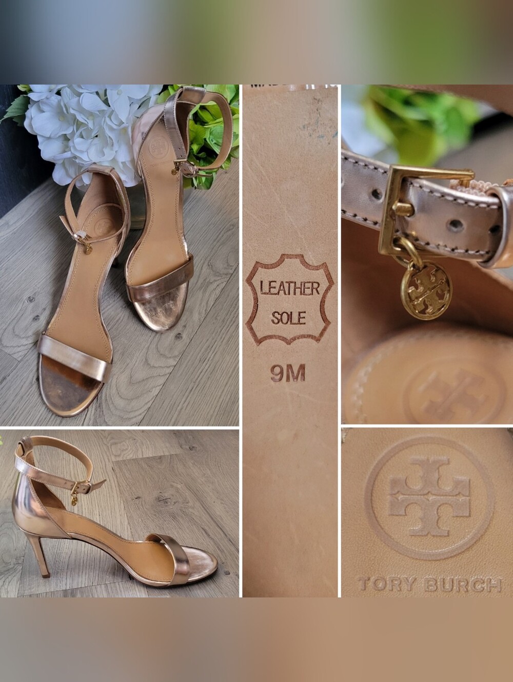 Tory Burch Ellie Ankle-Strap Sandle Heel 85mm Mirror Metallic Spark Rose Gold, 9